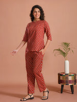 Red Floral Printed Cotton Night Suit Set - SanskrutiHomes