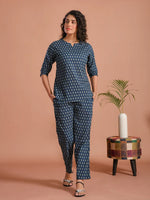 Blue Round Neck Flower Printed Cotton Night Suit - SanskrutiHomes