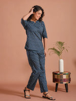 Blue Round Neck Flower Printed Cotton Night Suit - SanskrutiHomes