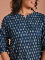 Blue Round Neck Flower Printed Cotton Night Suit - SanskrutiHomes