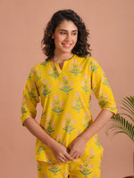 Yellow Flower Printed Cotton Night Suit for Women - SanskrutiHomes