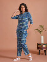 Blue Round Neck Floral Printed Cotton Night Suit - SanskrutiHomes