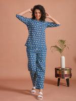 Blue Round Neck Floral Printed Cotton Night Suit - SanskrutiHomes