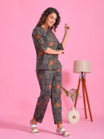 Black Flower Printed Cotton Night Suit Set - SanskrutiHomes