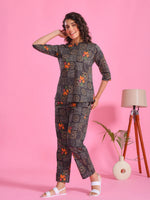 Black Flower Printed Cotton Night Suit Set - SanskrutiHomes