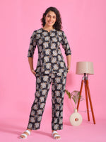 Blue Printed Round Neck Night Suit - SanskrutiHomes