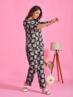 Blue Printed Round Neck Night Suit - SanskrutiHomes