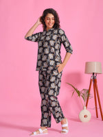 Blue Printed Round Neck Night Suit - SanskrutiHomes
