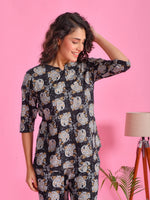 Blue Printed Round Neck Night Suit - SanskrutiHomes