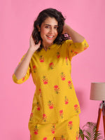 Yellow Floral Printed Round Neck Night Suit Set - SanskrutiHomes