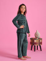 Green Velvet Round Neck Night Suit - SanskrutiHomes