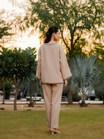 Beige Pure Cotton Solid V-Neck Co-ords Set for Women - SanskrutiHomes