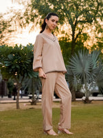 Beige Pure Cotton Solid V-Neck Co-ords Set for Women - SanskrutiHomes