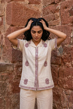 Beige Hand Block Printed Shirt Collar Pure Cotton Co-Ord Set for Women - SanskrutiHomes
