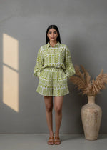 Green Abstract Print Shirt Collar Co-Ord Set for Women - SanskrutiHomes