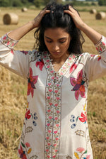 Cream Floral Print V-Neck Co-ord Set for Women - SanskrutiHomes