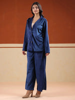 Blue Solid Velvet Shirt Collar Co-ord Set for Women - SanskrutiHomes