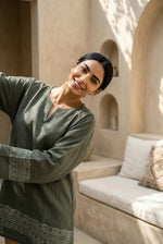 Green Ethnic Hand block Print V-Neck Pure Cotton Night Suit Set for Women - SanskrutiHomes