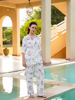 White Shirt Collar Pure Cotton Abstract Night Suit for Women - SanskrutiHomes