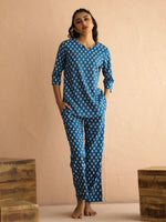 Blue Round Neck Viscose Rayon Printed Ethnic Motifs Night Suit for Women - SanskrutiHomes