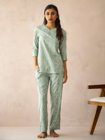 Sea Green Round Neck Viscose Rayon Printed Ethnic Motifs Night Suit for Women - SanskrutiHomes