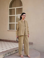 Beige Mandarin Collar Cotton Blend Solid Night Suit for Women - SanskrutiHomes