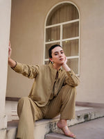 Beige Mandarin Collar Cotton Blend Solid Night Suit for Women - SanskrutiHomes