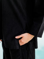 Black Round Neck Corduroy Solid Night Suit for Women - SanskrutiHomes