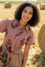 Red Floral Print Shirt Collar Cotton Dress for Women - SanskrutiHomes