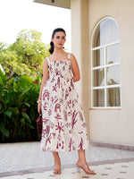Off White Cotton Square Neck Printed Dress For Women - SanskrutiHomes