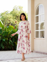 Off White Cotton Printed Shirt Collar Dress for Women - SanskrutiHomes