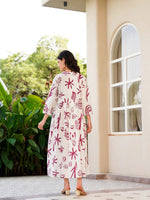 Off White Cotton Printed Shirt Collar Dress for Women - SanskrutiHomes