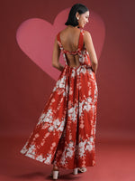 Red Printed V-Neck Dress for Women - SanskrutiHomes