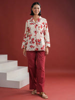 White Floral Printed Cotton Night Suit Set - SanskrutiHomes