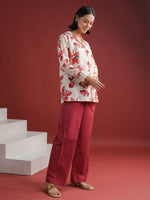 White Floral Printed Cotton Night Suit Set - SanskrutiHomes