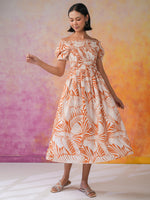 Orange Floral Printed Cotton Dress for Women - SanskrutiHomes