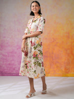 Off White Shirt Collar Floral Print Dress for Women - SanskrutiHomes