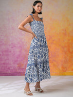 Blue Printed Square Neck Dress for Women - SanskrutiHomes