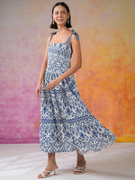 Blue Printed Square Neck Dress for Women - SanskrutiHomes