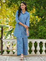 AZURE BLUE Printed pure cotton co-ord set - SanskrutiHomes