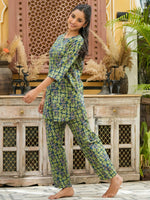 Green cotton printed loungewear set - SanskrutiHomes