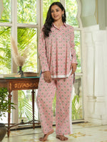 Pink Floral loose fit Printed cotton Night Suit Set - SanskrutiHomes