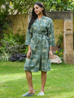 Green Cotton printed kimono robe - SanskrutiHomes