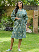 Green Cotton printed kimono robe - SanskrutiHomes
