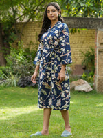 Navy blue Cotton printed kimono robe - SanskrutiHomes