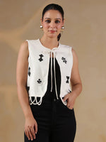 White Playing Card Print Handloom Jacket for Women - SanskrutiHomes