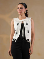 White Playing Card Print Handloom Jacket for Women - SanskrutiHomes