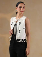 White Playing Card Print Handloom Jacket for Women - SanskrutiHomes