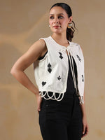 White Playing Card Print Handloom Jacket for Women - SanskrutiHomes