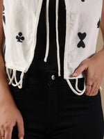 White Playing Card Print Handloom Jacket for Women - SanskrutiHomes